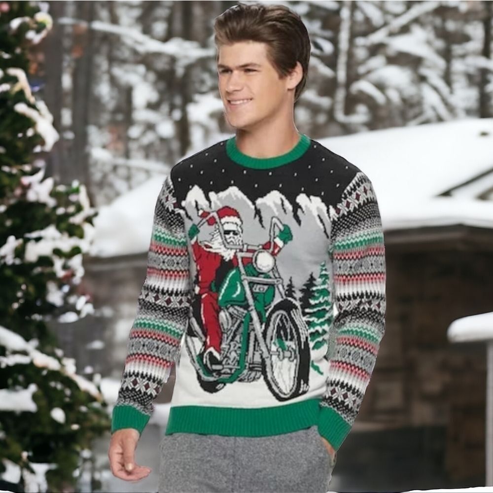 Ugly Christmas sweater santa on a motorcycle